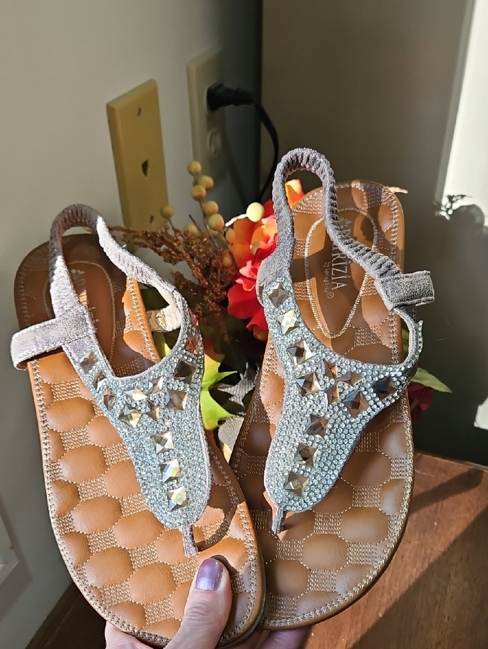 Embellished Silver T-Strap Women's Sandals with Cushioned Footbed